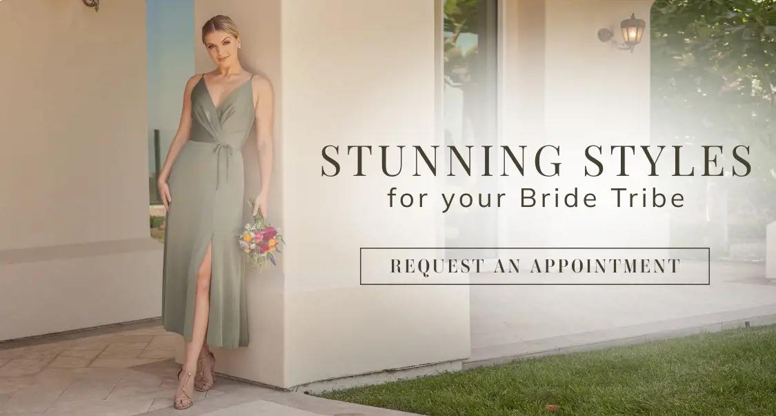 Model wearing sage green bridesmaids dress. Find your bridesmaid dress at Mimi's Bridal.
